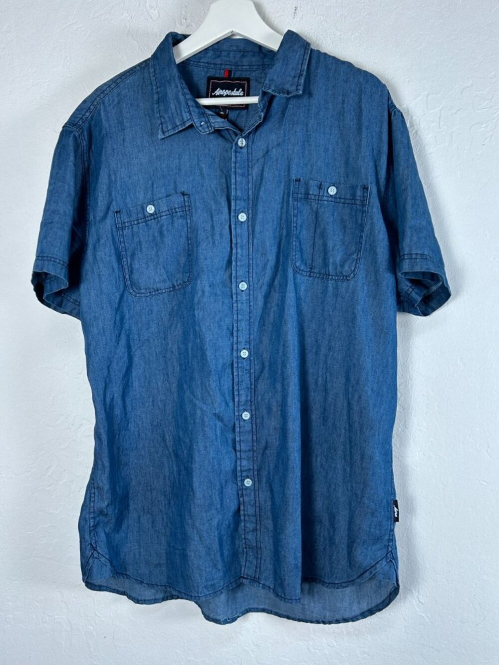 Aeropostale Mens Medium Blue Denim Button-Up Short Sleeve Shirt XL Casual New